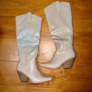 Nasty Gal Women's Cream Croc-Embossed Knee-High Boots